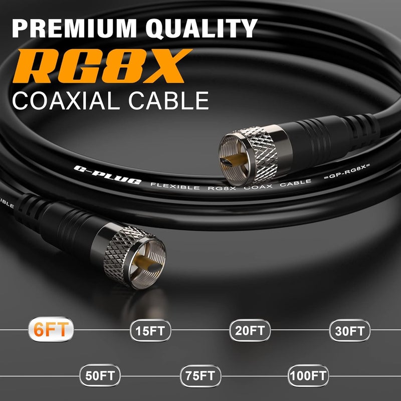 G-PLUG RG8X Coaxial Cable 6FT – 50 Ohm Low-Loss Coax with PL259 Connectors – Pure Copper Core, Dual Shielding, Waterproof PVC Jacket – for CB & HAM Radio, SWR Meter, Antenna Analyzer, RF Applications - Image 2